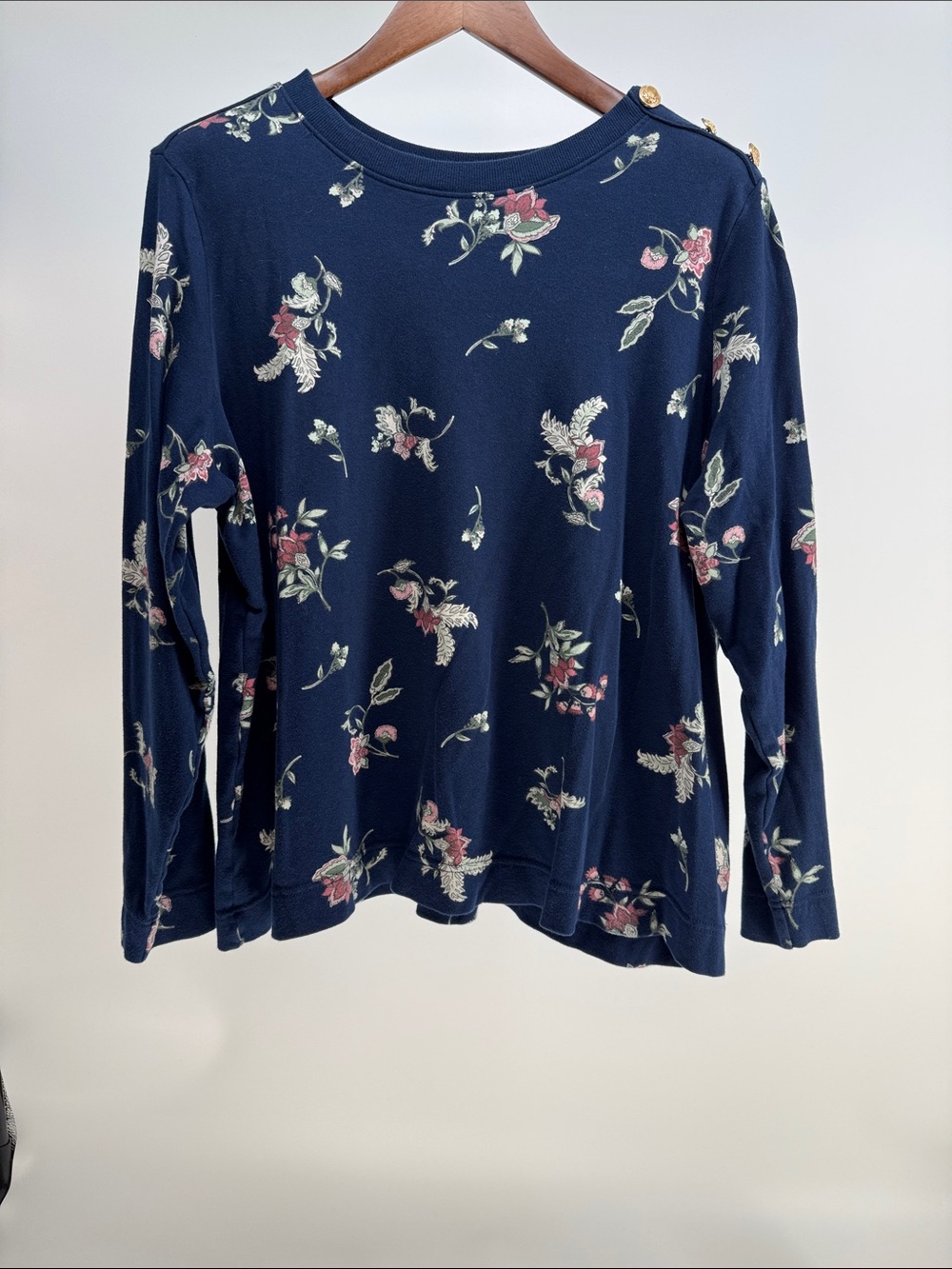 croft & barrow Navy Floral Long-Sleeve Top with Gold Buttons